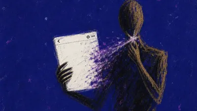 A figure touches their neck while holding open a zoomed screenshot, white light split by violet shadows in a dark room