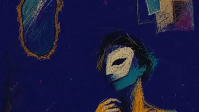 A figure beside a mirror and moodboard, one hand near the collar, amber and teal fragments splitting across the chest.