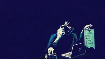 A figure beside an open laptop pins a task list down while checking an alarm, hot white lines cutting into bruised teal