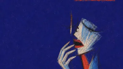 A figure with fingers near a half-open mouth, folded hands, a glowing caption panel, and a glass-blue fracture at the throat