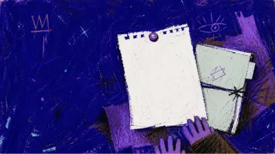 A seated figure pins a blank page beside a renamed folder, with a white fracture cutting into violet shadow