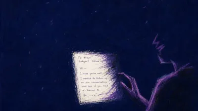 A figure with raised shoulders hovering over a half-written email, a fractured white line cutting into violet shadow
