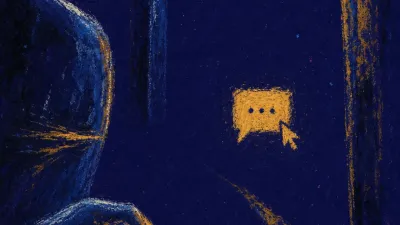 A figure turned sideways with a thumb hovering over an unsent message, a tense amber line cutting into cold blue shadow.