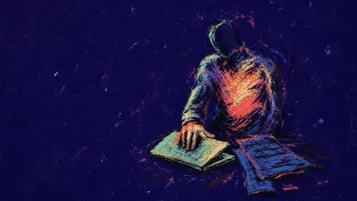 A figure presses a half-open laptop shut beside an unfinished draft, with coral light fractured against dark blue-black