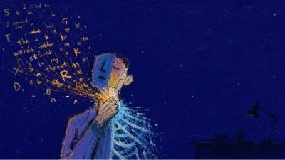 A stiff figure touches their throat beside a half-erased text, amber letters splitting toward blue ribs in deep shadow