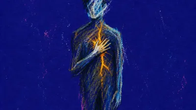 A rigid figure presses fingers to their sternum beside a face-down phone, amber lines splitting into cold blue shadows