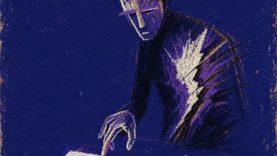 A tilted figure near a launch button and unfinished checklist, with bright white light splitting into bruised violet at thew