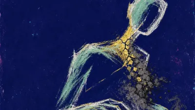 A leaning figure reaches toward mist-filled cups, with gold light breaking into graphite shadows against deep blue