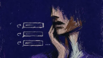 A figure in a dark bedroom presses fingers to their jaw beside a glowing message thread, with acid white lines cutting into a