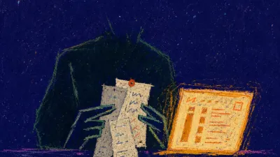 A figure pins receipts beside a glowing balance screen, amber light cutting into green-black shadow across the desk