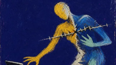 A leaning figure grips a glowing grade screen beside a half-closed laptop, a fractured gold-blue line on the chest