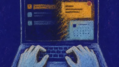A figure with raised shoulders, thumbs above a laptop chat preview and calendar invite, amber light cutting into cold blue.