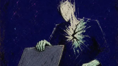 A rigid figure presses a laptop lid closed while a green Apply button glow fractures into steel grey light across the chest