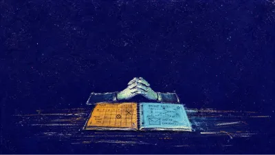 A rigid figure clasps an open planner beside an unsent calendar invite, amber squares meeting a cyan edge against indigo.