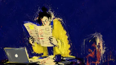 A figure aligns marked pages at a worktable, shoulders lifted beside an open laptop, amber light drifting into cool indigo.