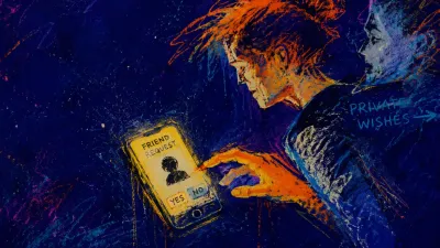 A figure reaches toward a phone, shoulders drawn back, thumb poised above the screen in amber and cool slate light.