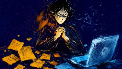 A figure with clasped hands at the chest faces scattered notes and a pale screen, amber and icy blue held apart.