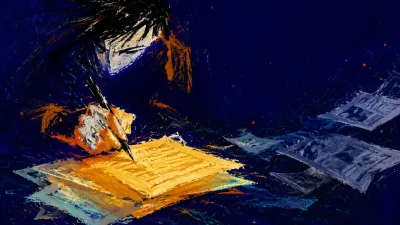 Figure leaning over highlighted papers, fingers gripping a pen as amber notes drift beside cool grey pages
