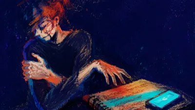 A figure holds one forearm while the other hand hovers over crossed-out journal lines, lit by vermilion and cyan.