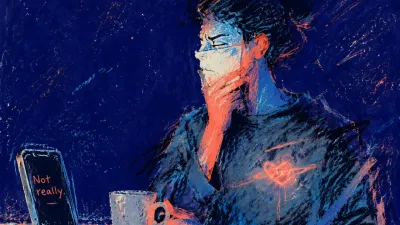 An upright figure touches their jaw and circles a mug beside a phone reading 'Not really,' in coral, blue-grey, and indigo.