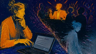 Figure upright, one hand near the jaw, another above an open laptop, amber and cool blue-grey silhouettes misaligned.