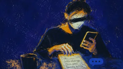 A figure stands upright, one hand holding a phone and one hovering over notes, amber and slate drifting across the chest.