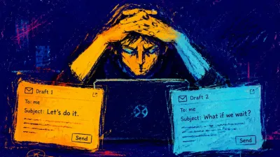 A figure with clasped hands beside two email drafts, shoulders rigid, amber and icy-blue light meeting over deep indigo.
