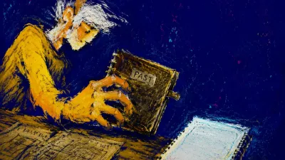 A figure leans over an old notebook with curled fingers, papers nearby, amber and cobalt light around a blank page.