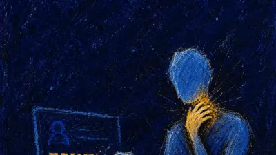 A figure in dark space, one hand near the throat as a cursor deletes a title, amber lines breaking into cold blue