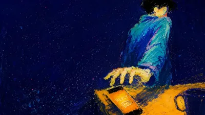 A raised-shouldered figure turns a phone face-down at a bare desk as amber light drifts into cobalt across a dark room.