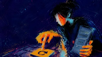 A rigid figure holds one hand above a laptop refresh key and grips a phone beside an amber message in blue-gray shadow.