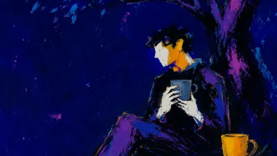 A seated figure beneath a tree, hands around a cup at the chest, with an amber cup nearby in cool grey and deep indigo.