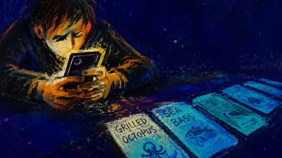 A leaning figure grips a phone above a dark table as amber light covers one hand and cyan menu choices fade into shadow.