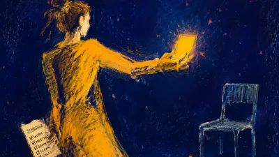 Figure with drawn-back shoulders, one hand over a glowing phone, another holding a schedule in amber and blue-grey light.