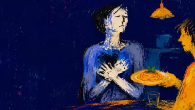 Clasped hands near an offered meal, shoulders drawn back, with a hollow amber glow against cool blue-grey and deep indigo