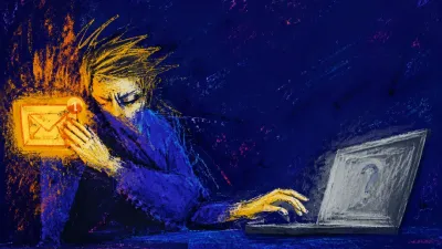 A figure turns from a glowing email notification, one hand closing a laptop message as amber light meets cool grey.