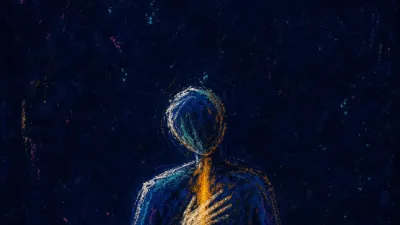 A figure presses one palm to their sternum while steadying a color-coded family calendar, a thin amber line against blue.