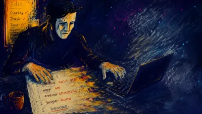 Figure at a desk with hands over a marked page, shoulders back, amber revisions fading into blue-grey space.