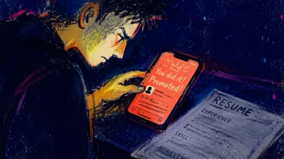 A figure leans over a phone and open resume, fingers curled as a coral promotion post fades toward cool grey.