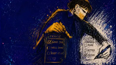A rigid figure checks a planner box with one hand and writes a harder target with the other, lit in gold and indigo.