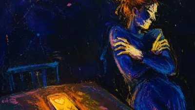 Arms crossed at the chest, figure turned from a glowing phone on a kitchen table, amber screen against cobalt shadow.