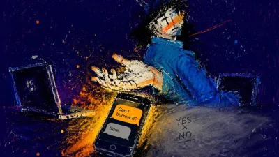 Open palm toward a phone with two message bubbles, shoulders back beside a laptop, amber light fading into cool gray.