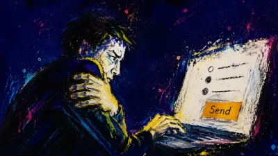 Figure at a laptop, one hand holding the opposite upper arm, the other above an amber Send key in white and charcoal light