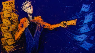 A figure reaches across a crowded desk for a task slip, shoulders drawn back, with amber hands against cool blue shadows.
