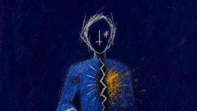 A figure at a desk, thumb over a locked phone beside a two-column page, black-white fracture glowing amber at the chest