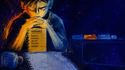 A figure with clasped hands over a notebook, shoulders lifted above an untouched page, amber light fading into cool blue-grey