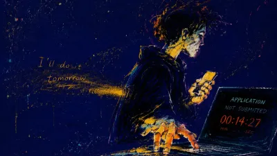 A side-turned figure scrolls a phone beside a laptop showing an unfinished application, amber light fading into blue-grey.