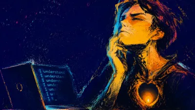An upright figure rests fingertips along the jaw beside a laptop where cyan text fades under amber light on grainy indigo.
