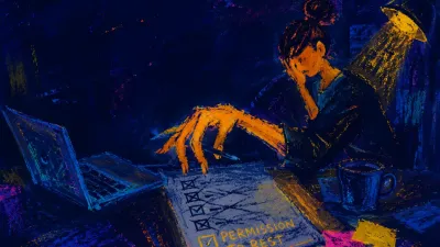 A figure holds a pen above a crossed-off checklist beside an open laptop, amber light drifting into cool indigo shadow.