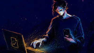 A seated figure holds a silent phone beside a laptop, one palm above the trackpad, with amber cursor light fading into cyan.